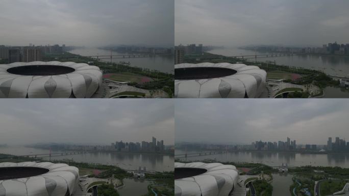 航拍杭州亚运会奥体中心与钱江新城城市风光