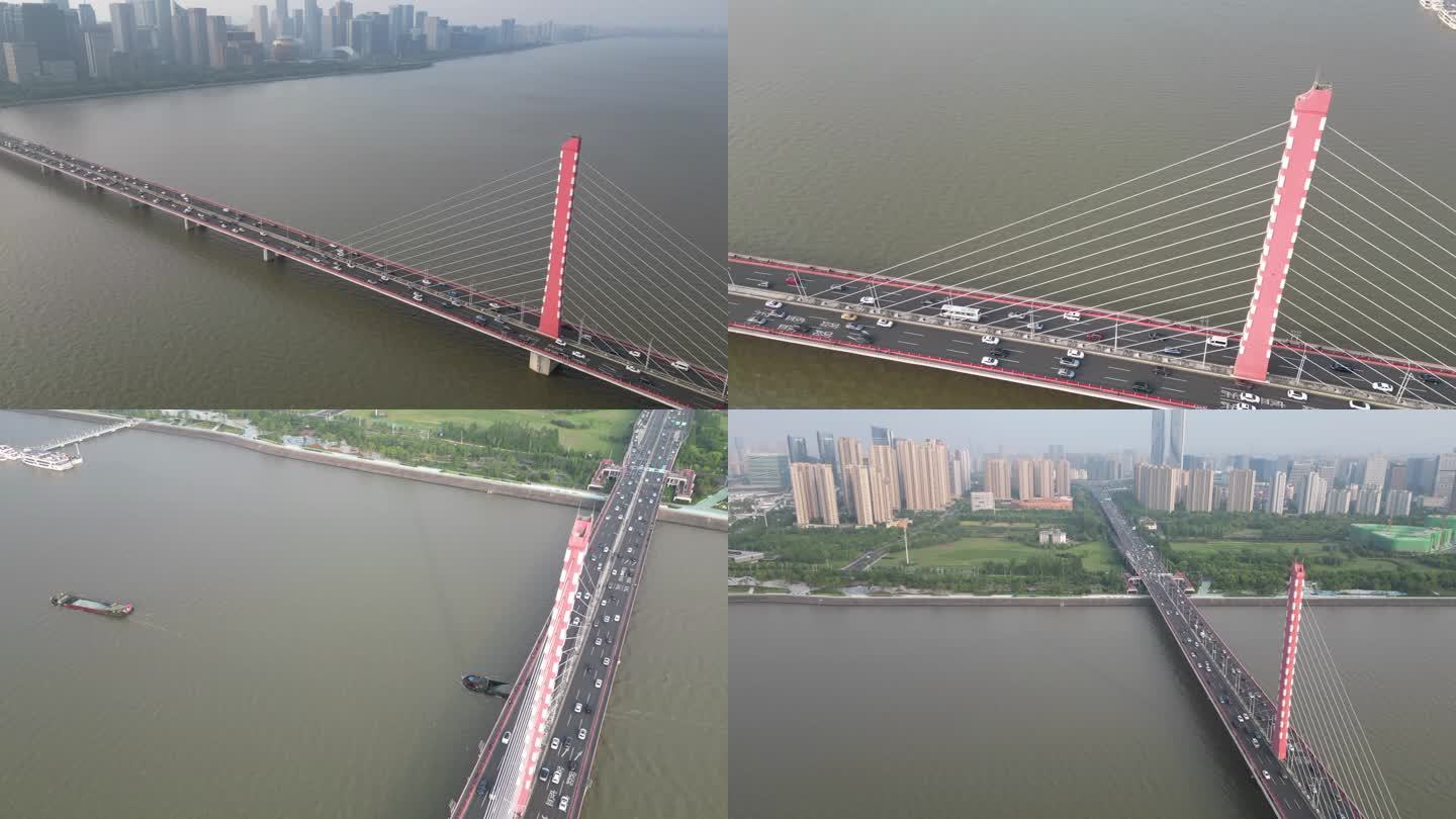 航拍杭州钱塘江西兴大桥城市延时风光