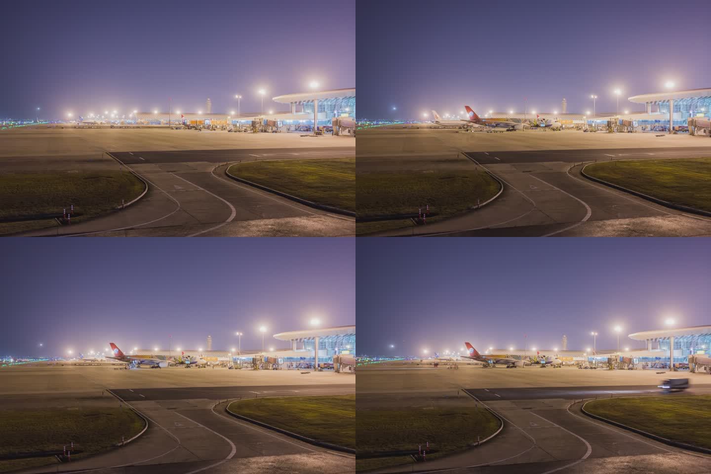 夜晚机场航班运行延时摄影四川航空