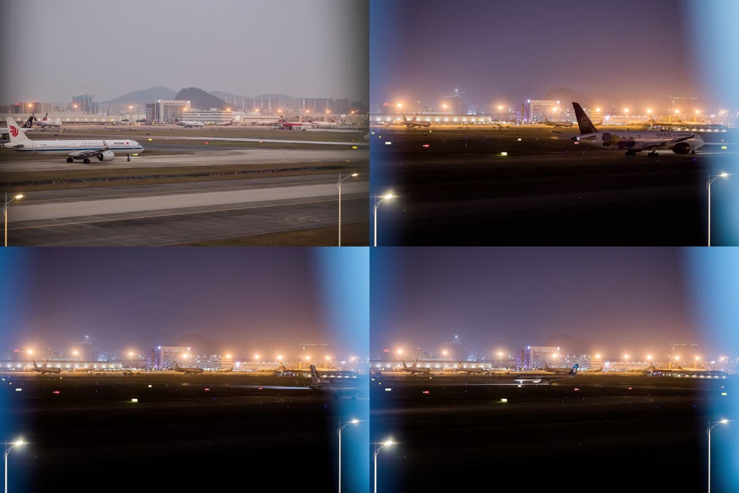 机场飞机滑行起飞日转夜延时摄影