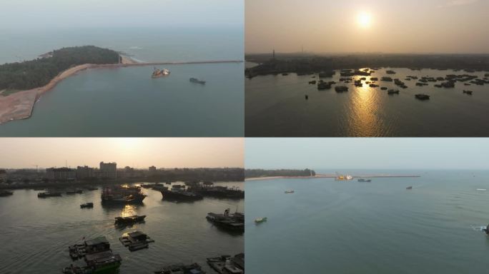 广西防城港市港口区企沙渔港黄昏航拍镜头