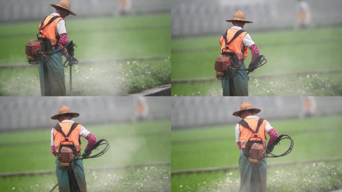 环卫工人使用除草机修剪草地