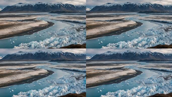 冰岛河流三角洲冰川融水鸟瞰图