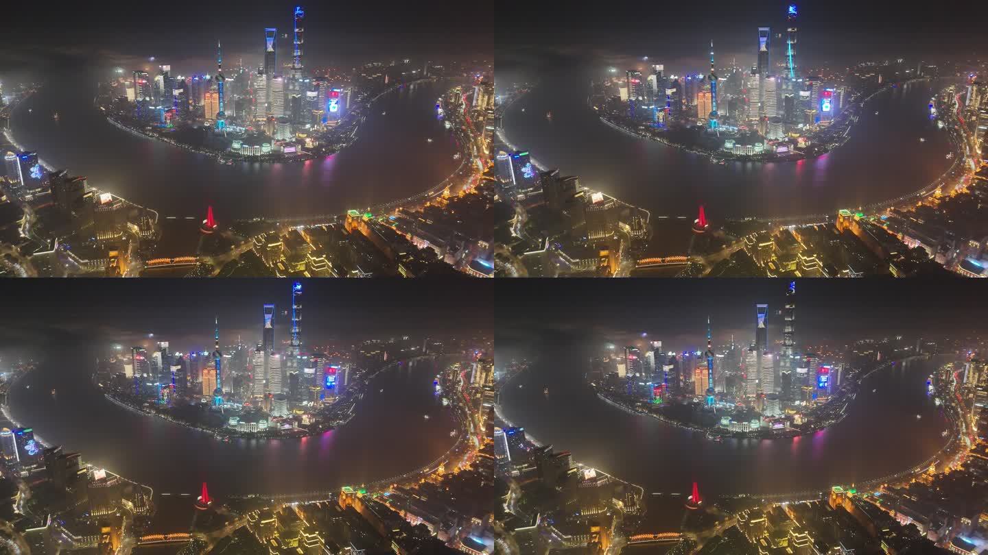 上海陆家嘴CBD黄浦江全景夜景航拍