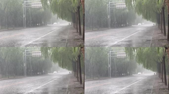 阴雨天瓢泼大雨的街头