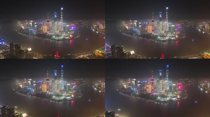 上海陆家嘴CBD黄浦江全景夜景航拍