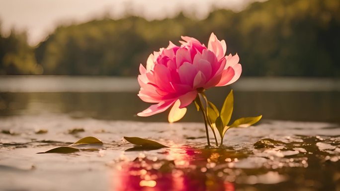 牡丹花在金色湖面上