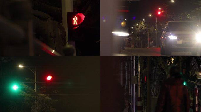 夜晚人行道红绿灯-红绿灯-红灯变绿灯
