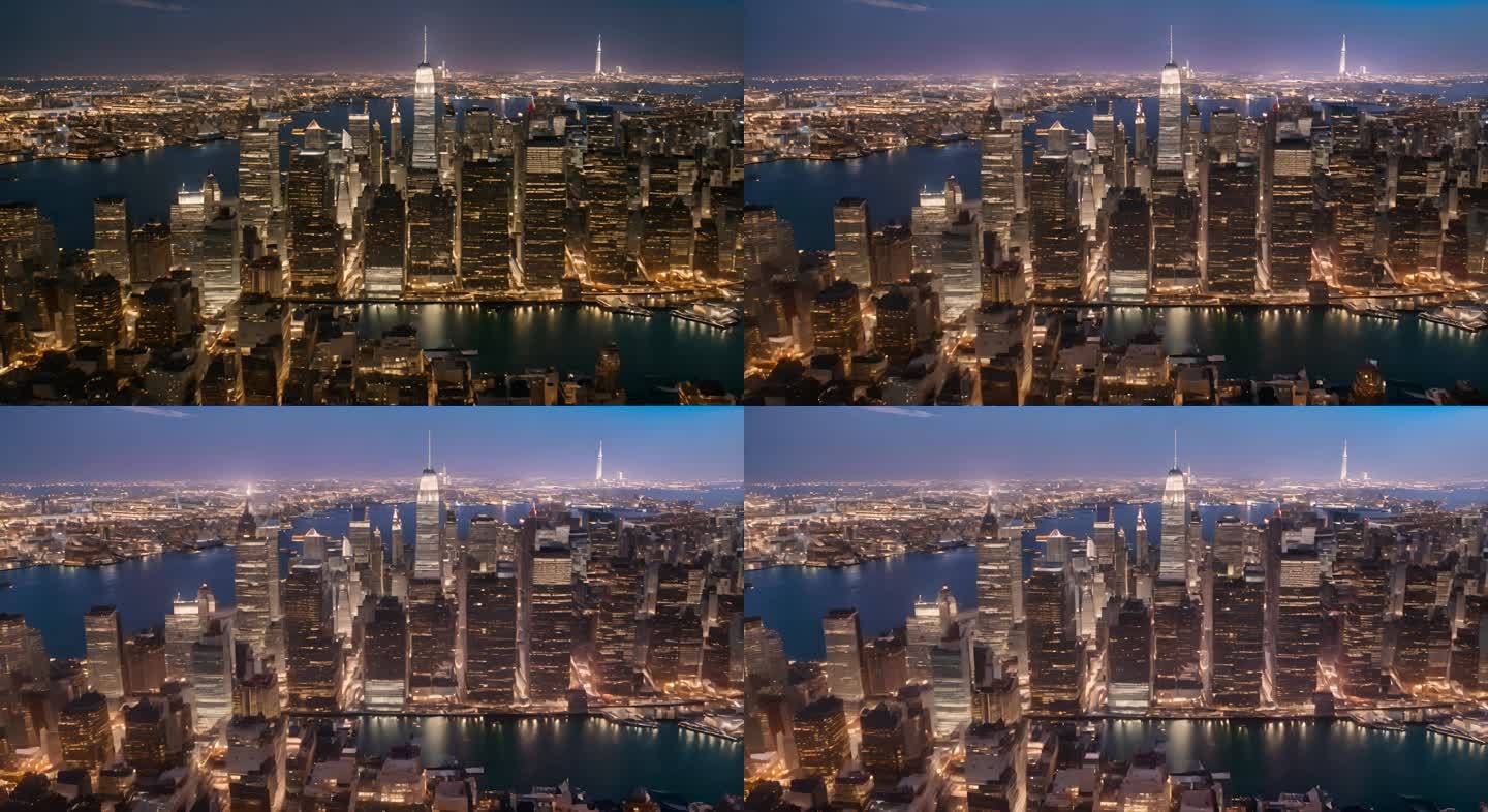 纽约曼哈顿的空中夜景。高楼。时间流逝