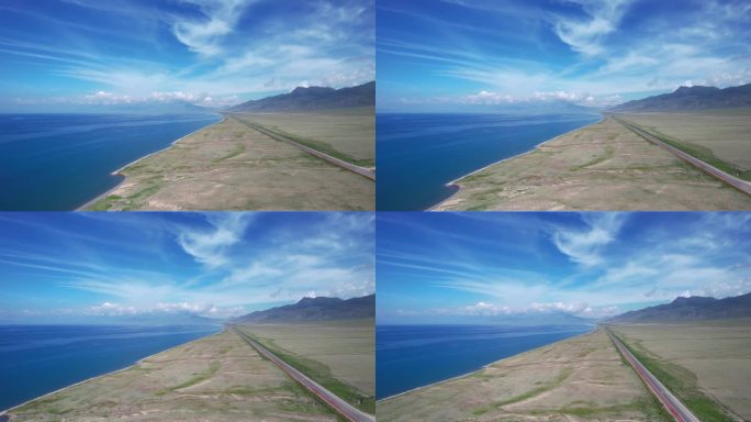 航拍新疆旅游赛里木湖蓝色自然湖景