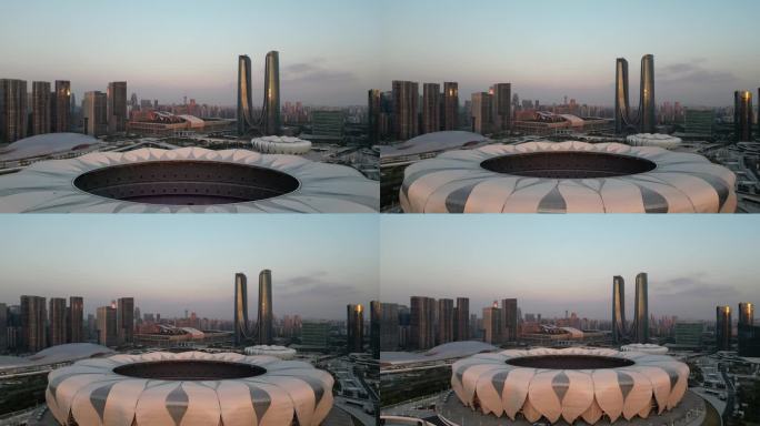 航拍杭州奥体体育馆与杭州之门地标风光