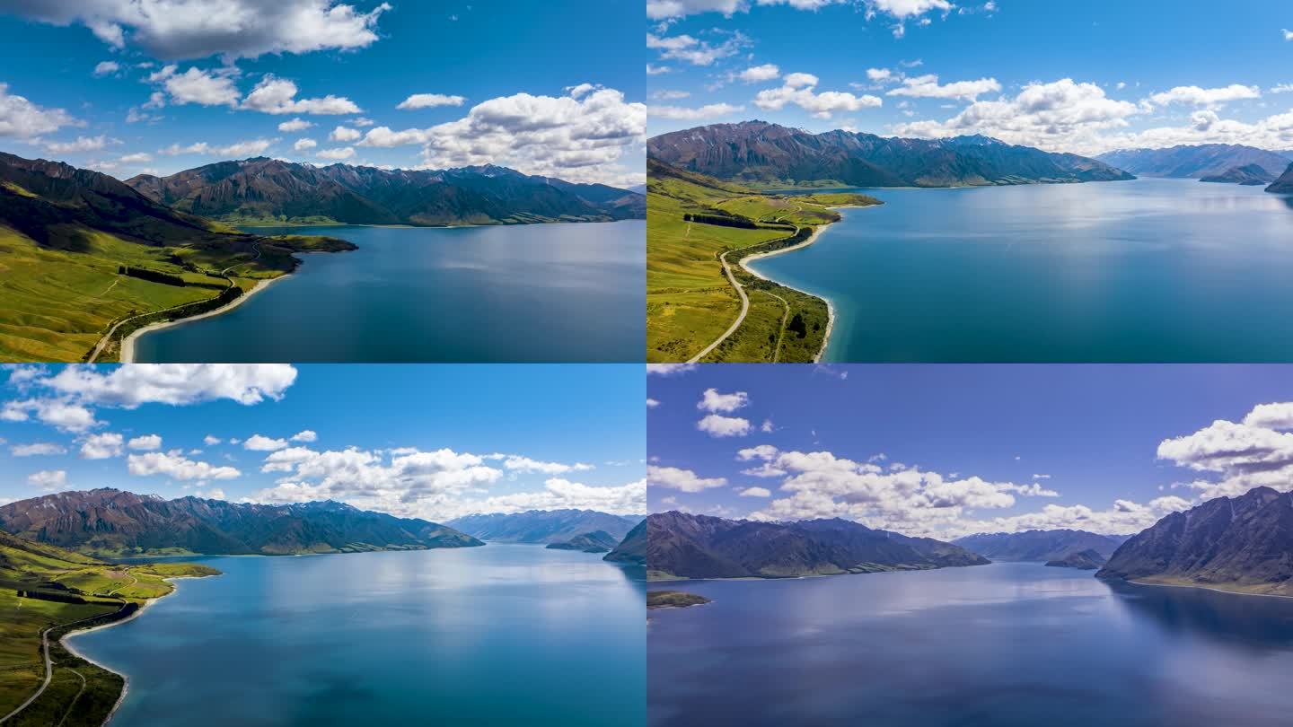 延时航拍新西兰哈威亚湖蓝天白云