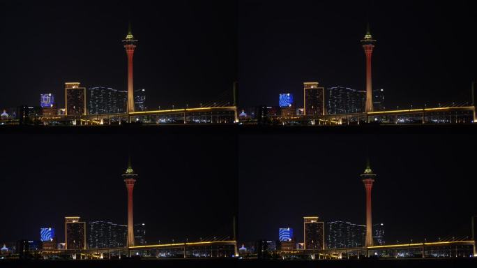 澳门夜景实拍澳门塔新葡京夜晚城市建筑风光