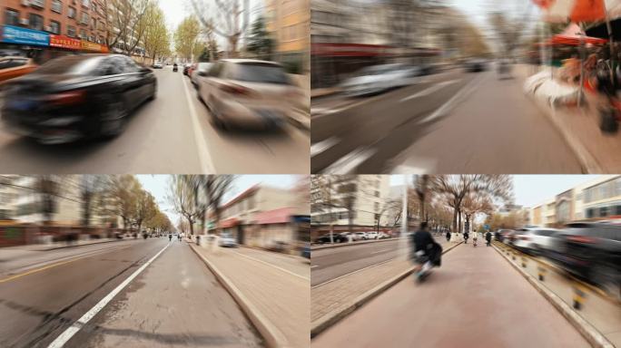 移动延时摄影第一视角骑行在城市道路