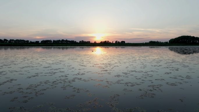 湖泊落日余晖夕阳落下唯美画面自然生态