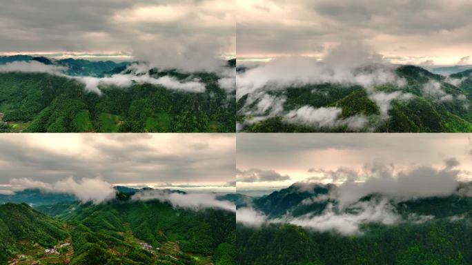 航拍安徽黄山休宁金龙山春雨风光4K