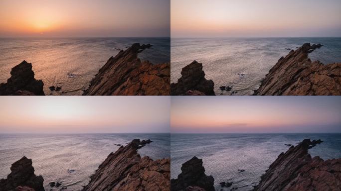 4K大连扇子岩海边日落延时摄影航拍