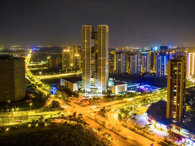 新会农商行总部夜景航拍延时