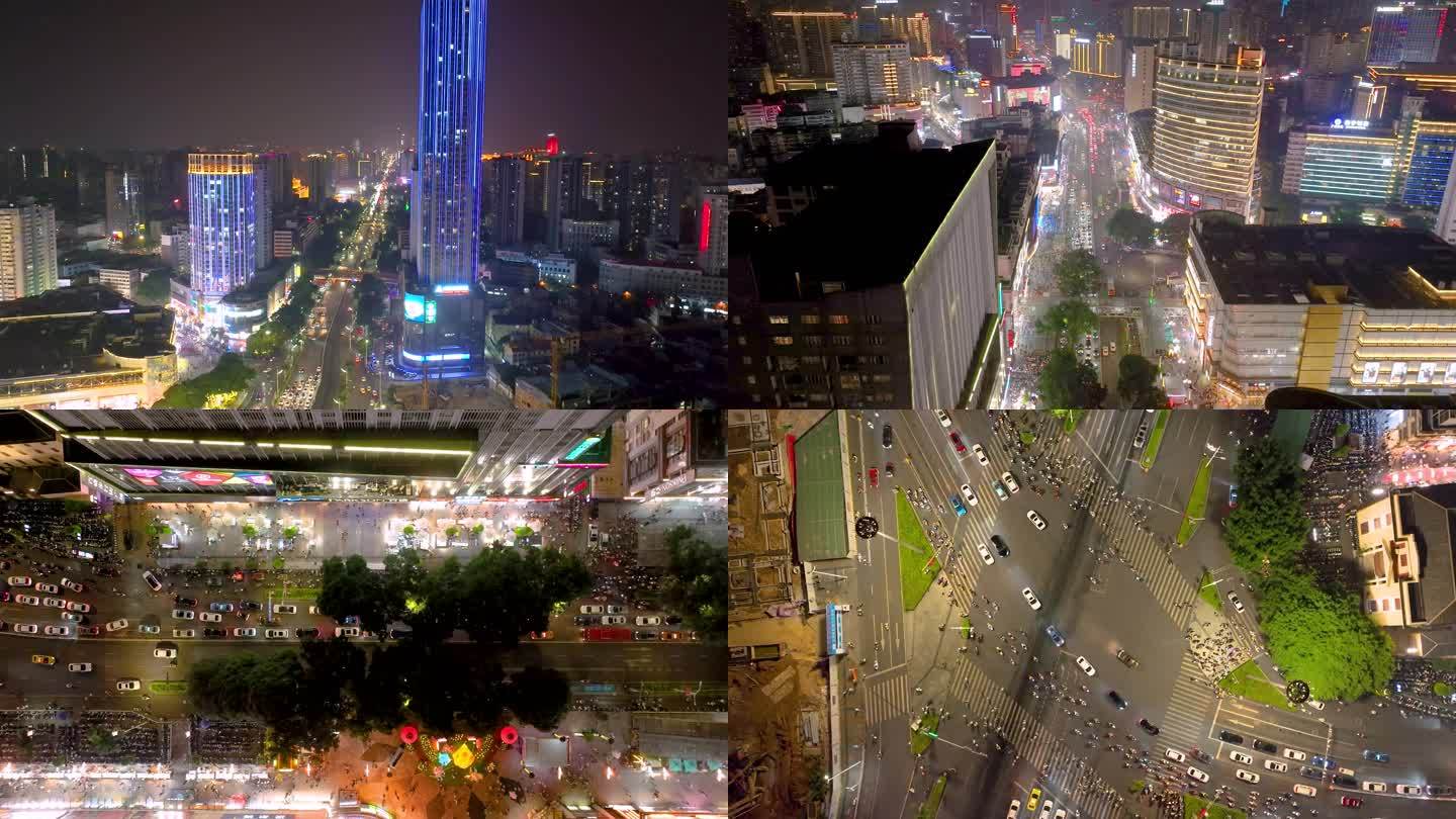 南宁朝阳街商业圈夜景航拍镜头