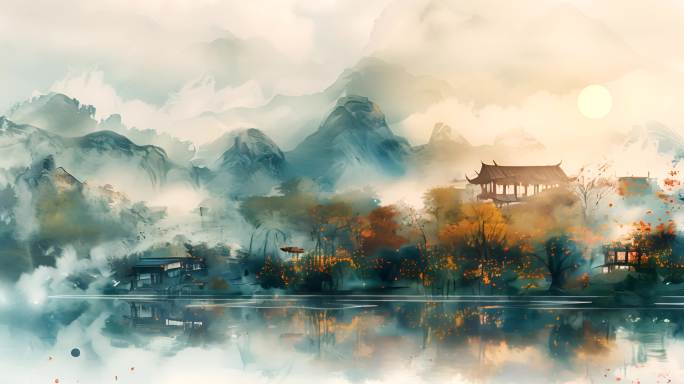 中国风水彩画水墨山水背景