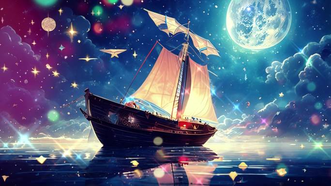 月亮船浩瀚星空月球帆船星球夜空神秘宇宙