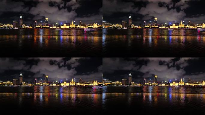 广角的夜晚的中国上海外滩和黄浦江