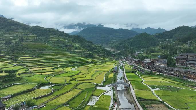 航拍梯田 苗寨 自然风光 乡村美景 空镜