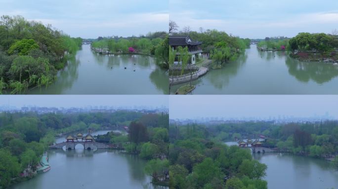 航拍烟雨江南扬州瘦西湖风景区