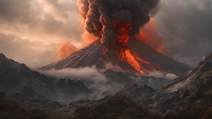 浓烟滚滚的火山  火山喷发 岩浆