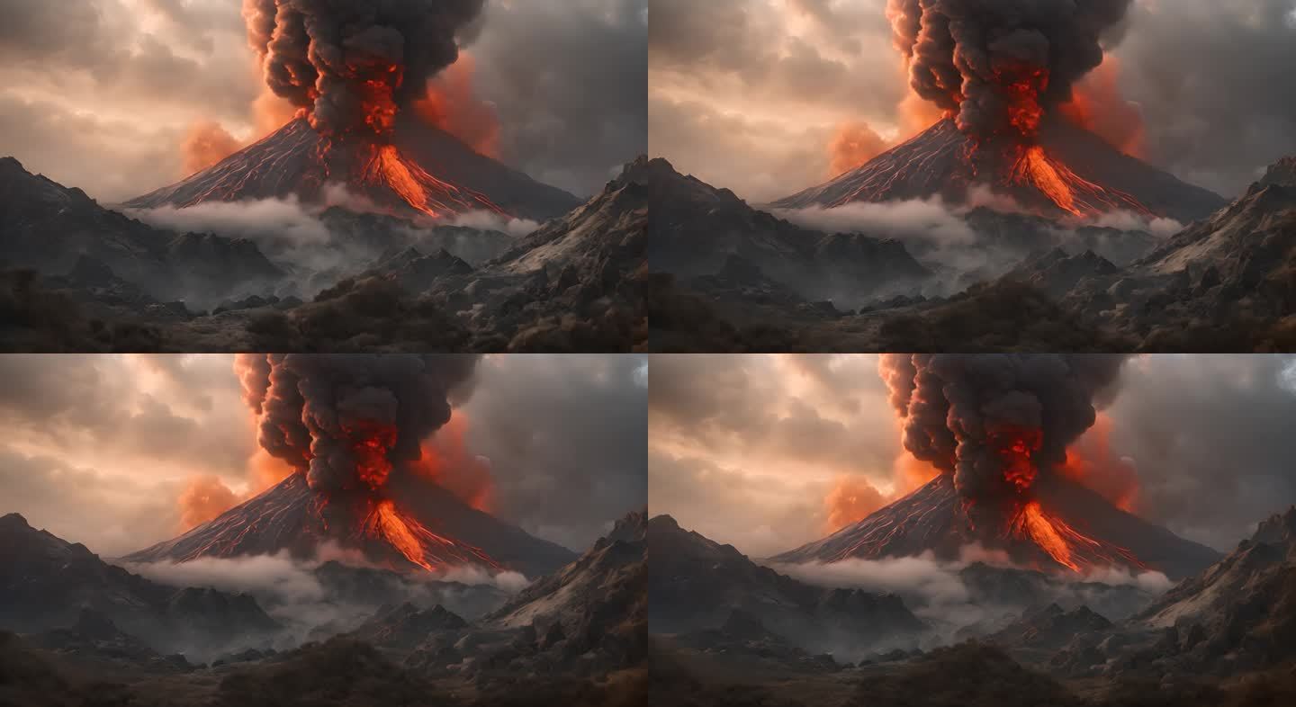 浓烟滚滚的火山  火山喷发 岩浆