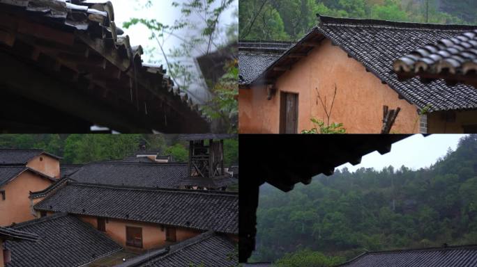 雨中的木房子  雨水从房檐滴落