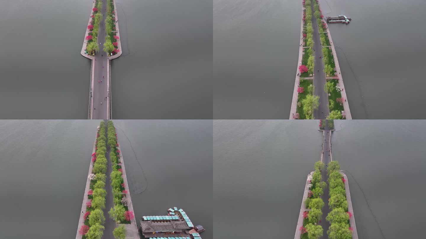 航拍春天早晨桃红枊绿的杭州西湖白堤