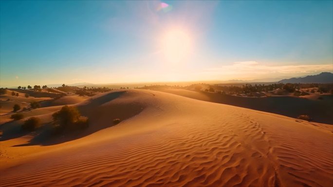 沙漠沙丘日出余晖航拍荒漠化戈壁素材原创