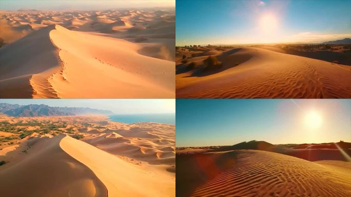 沙漠沙丘日出余晖航拍荒漠化戈壁素材原创