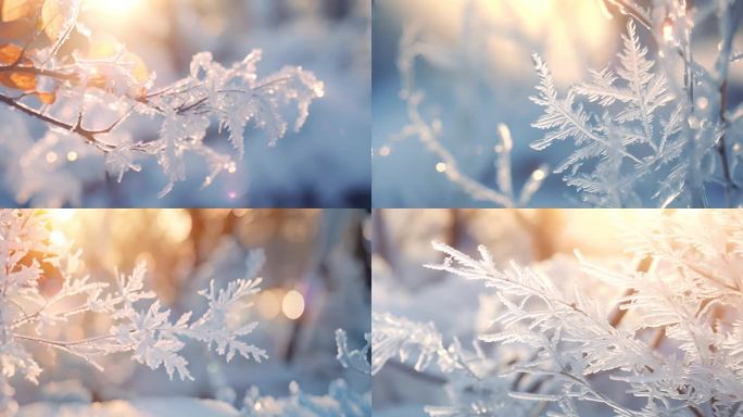 冬日之美：阳光下树枝上的冰晶奇观