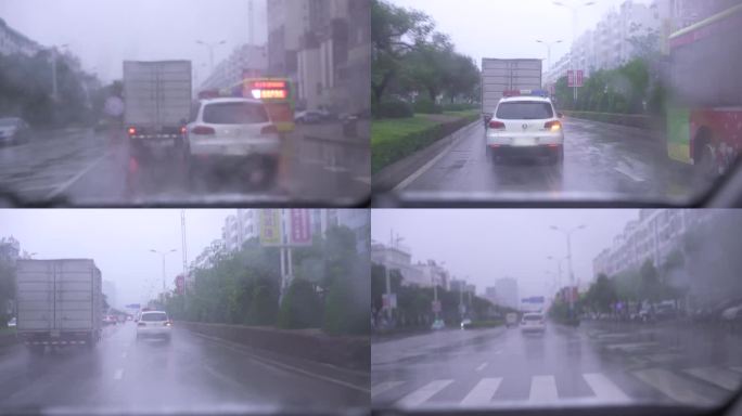 下雨天警车行驶在路上执法警车路上的警车