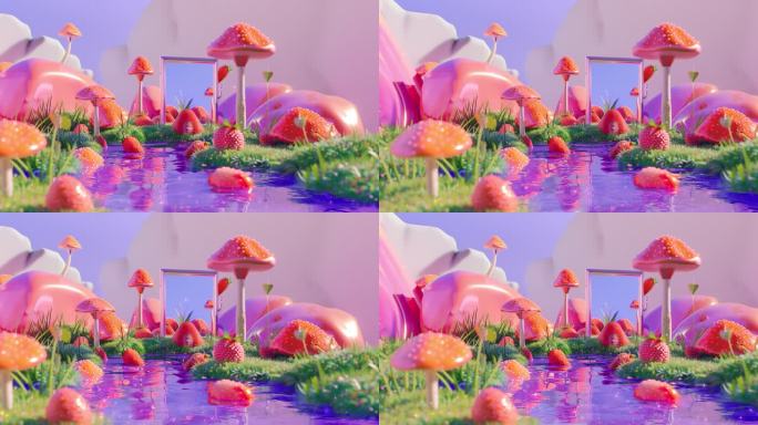 6k卡通3D蘑菇草莓背景loop