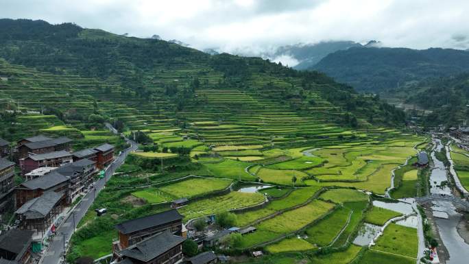 航拍梯田 苗寨 自然风光 乡村美景 空镜