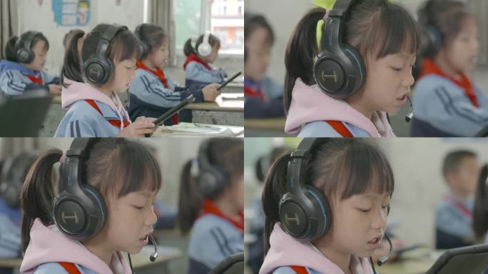 乡村小学生头戴耳机听英语IPAD平等教育
