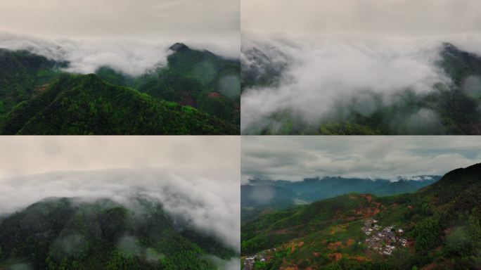 航拍安徽休宁山区清明春雨风光4K