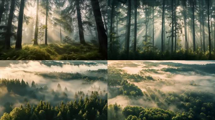 清晨森林树林云雾阳光