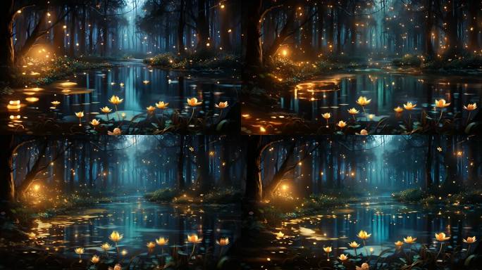 神秘夜光森林荷花溪流