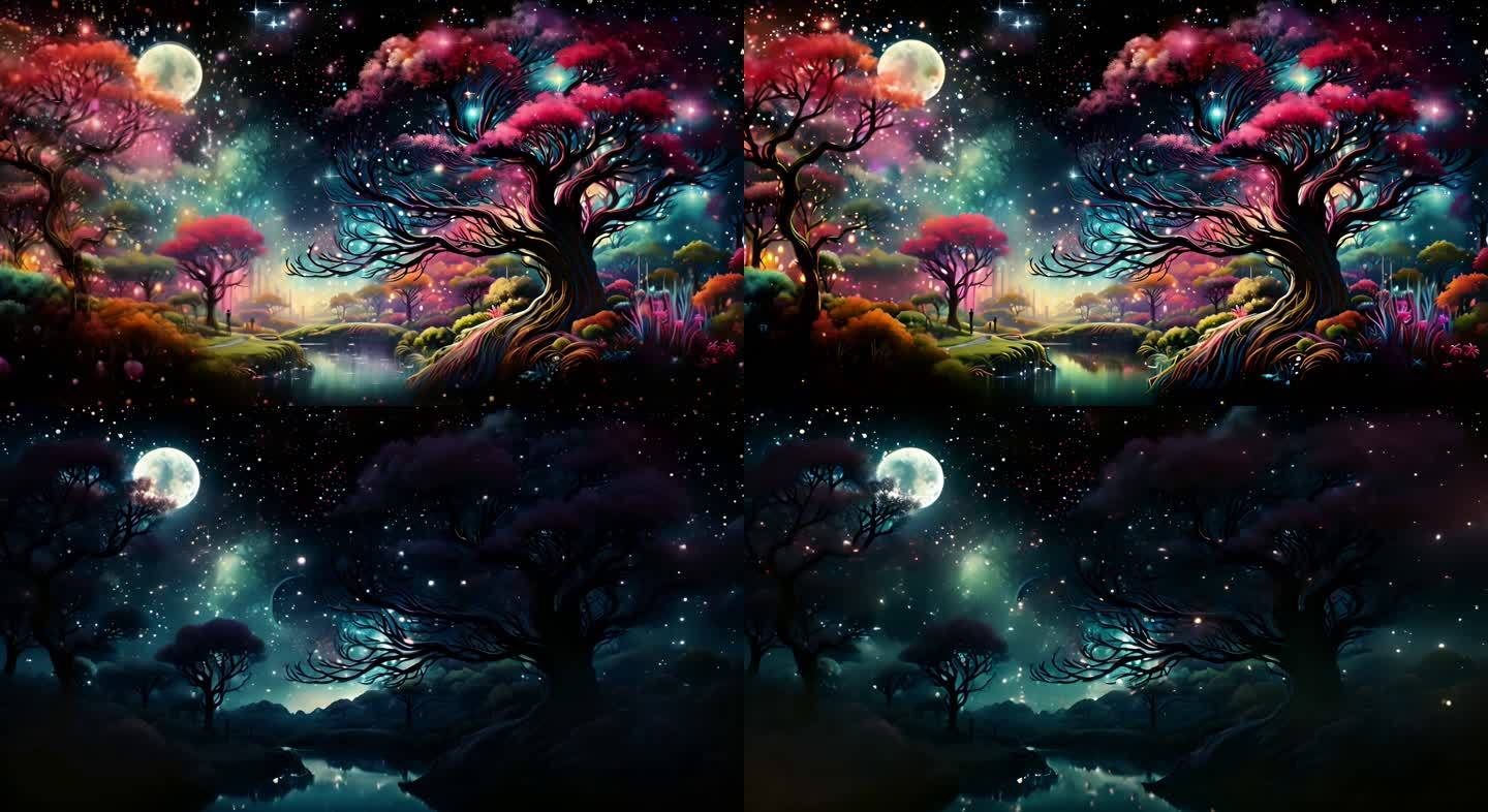 色彩斑斓入夜童话森林