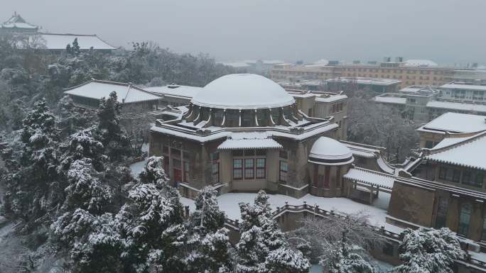 4k航拍雪中武汉大学