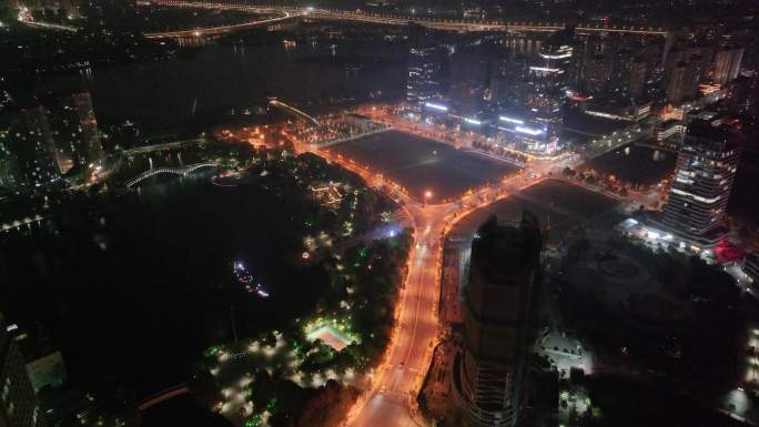 浙江绍兴世茂天际中心高楼大厦夜晚夜景航拍