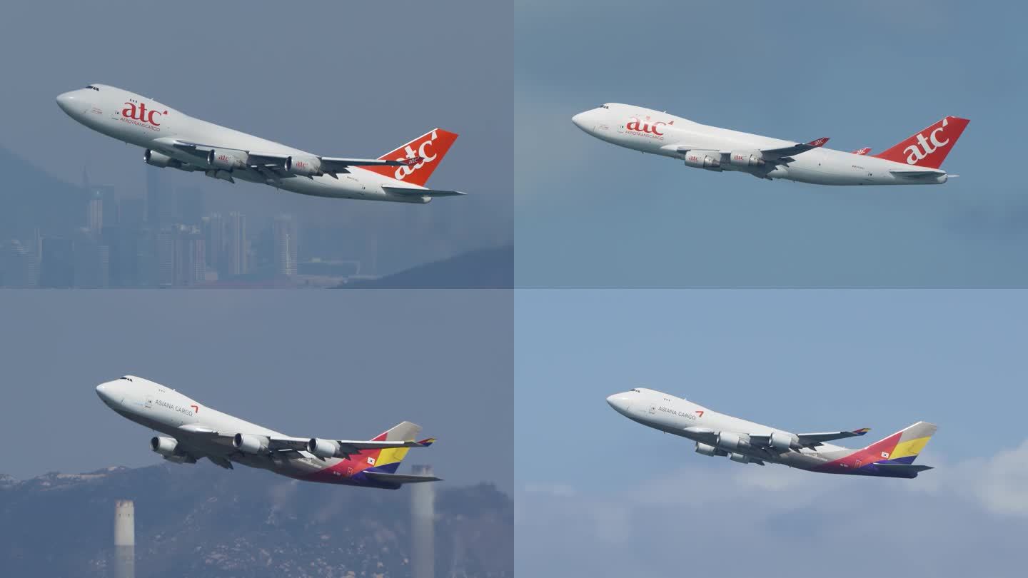 两架波音747货机在香港国际机场震撼起飞