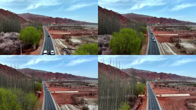 春天汽车行驶在新疆红山谷公路上