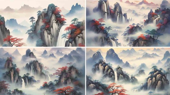 壮观的国风山水瀑布画作素材，新中式山水