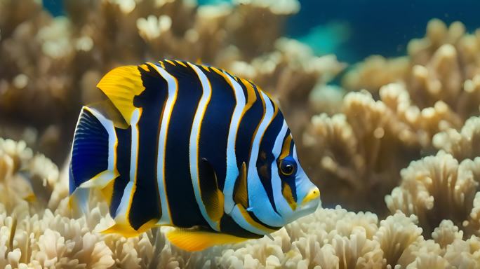 彩色热带鱼在蓝色背景下游动的特写镜头