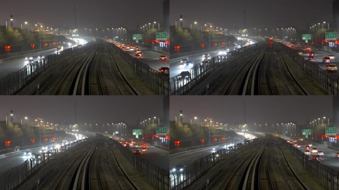 北京夜晚城市地铁车流空气污染雾霾